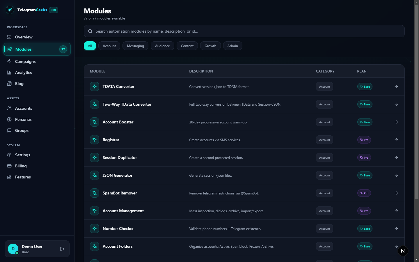 TelegramGeeks Pro Dashboard Interface